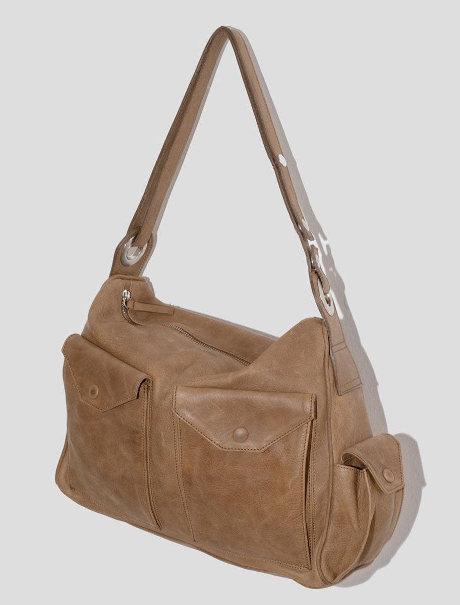 BELINDA-Brown soft leather bag with exterior pockets and adjustable handle