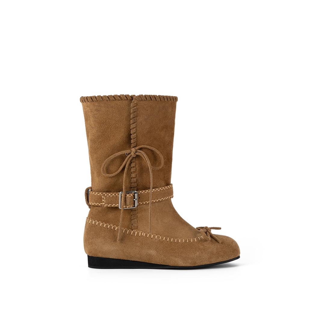 BOW FOLDABLE BUCKLE MID BOOTS / BEIGE