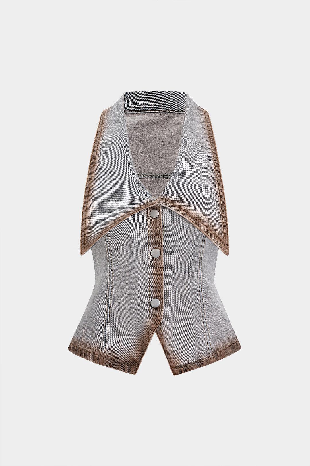 Denim Contrast Binding Button Washed V-Neck Crop Top - Contrast Color / XS