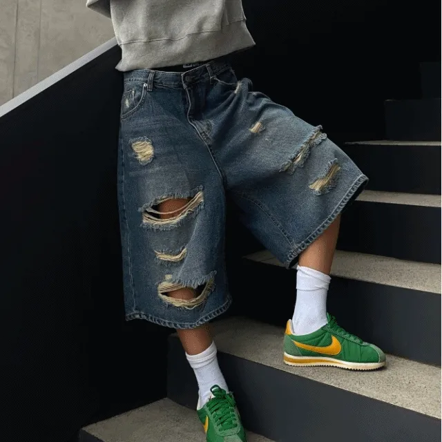 [unisex] 빅오버 데미지 데님 하프팬츠 와이드반바지 데님반바지 청 찢청 빈티지 스트릿 2size
