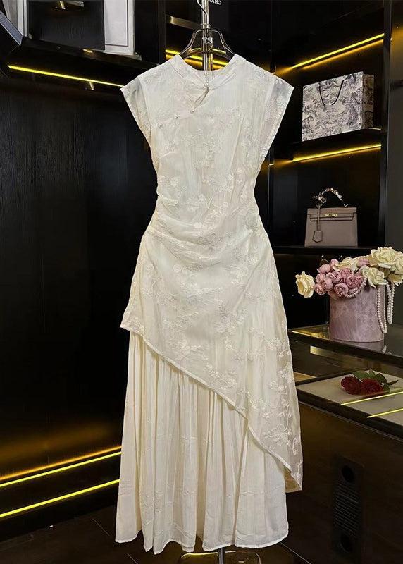 Vintage Apricot Stand Collar Embroidered Wrinkled Asymmetrical Maxi Dress Summer