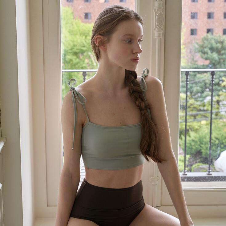 리본 꼬임 투피스- 브라운&민트 (하이 브리프)