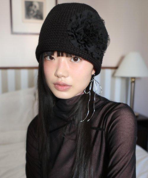 시폰 코사지 웜 비니 블랙
