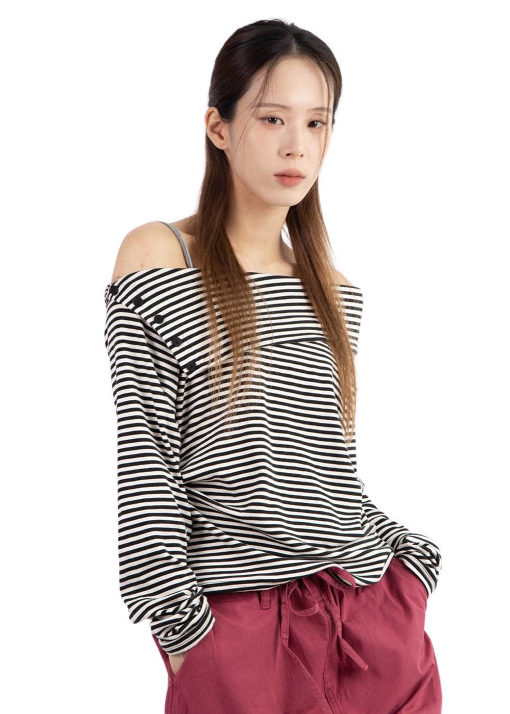 릿킴 BUTTON STRIPE OFF SHOULDER TEE