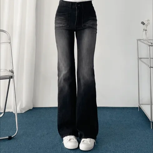 Sand washed bootcut denim pants