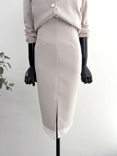 비바 [국내생산] 쉬폰배색 앞트임 H라인 미디 정장스커트 26S