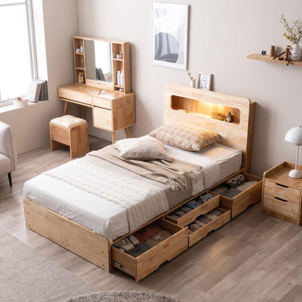 [삼익가구]포텐 LED 4단 수납 원목 침대(YS 7존 독립스프링 매트리스-슈퍼싱글)