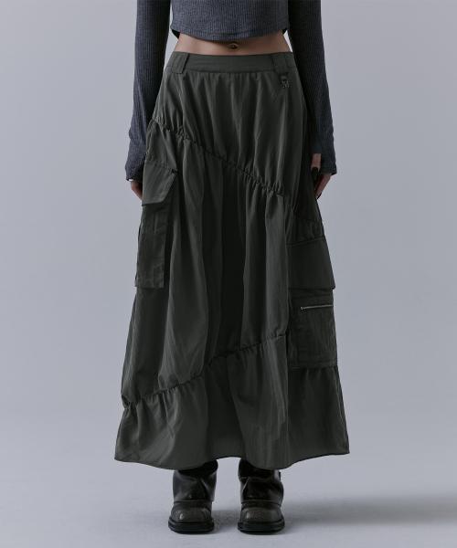 Nylon Cargo Shirring Set-up Skirt [ Khaki ]