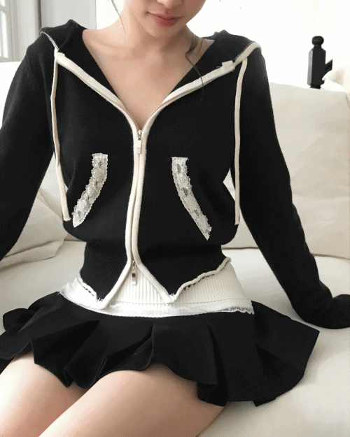 클라우드이모션 [ knit ! ] 블랙 라떼 레이스드 니트 후드 JP