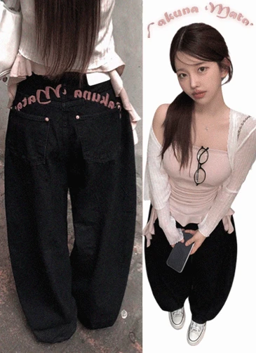 💗러블리힙💗페어 빈티지 장미 패치 레터링 자수 포인트 생지 데님 와이드 팬츠 봄데님 봄팬츠 봄옷 봄신상 봄와이드(데님)