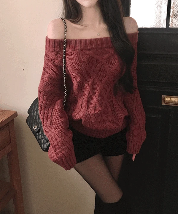 [ 색감🥀 ] 르멘 오프숄더 피셔맨 꽈배기 니트