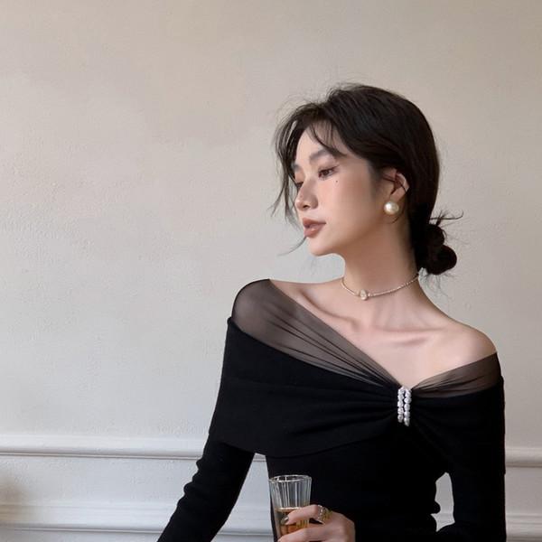 시스루 레이어드 오프숄더 니트 탑