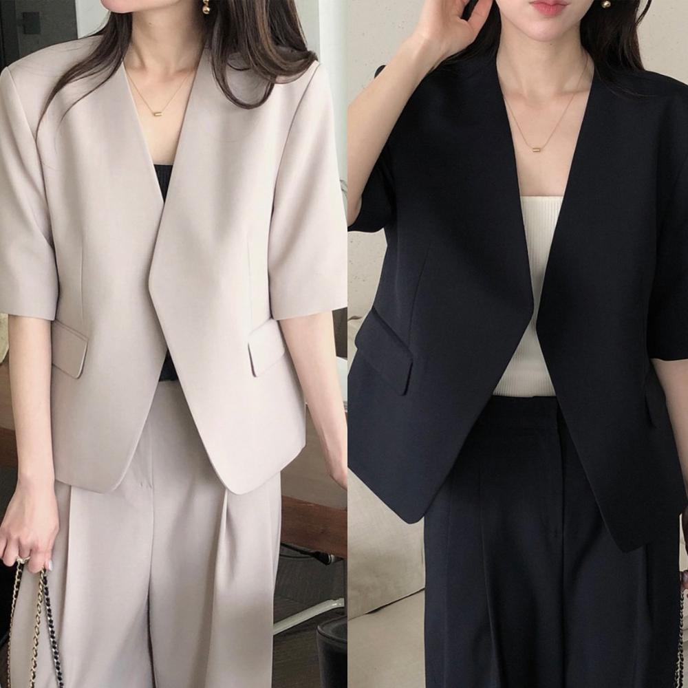 베이지 당일 오버클래식 릴리브 여름 반팔 셋업 노카라 브이넥 여성 정장 자켓 2color