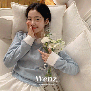 nt4875 (반팔추가/MADE/브랜드퀄리티) 웬즈 퍼프 숄더 카라 배색 레이어드 펜던트 니트