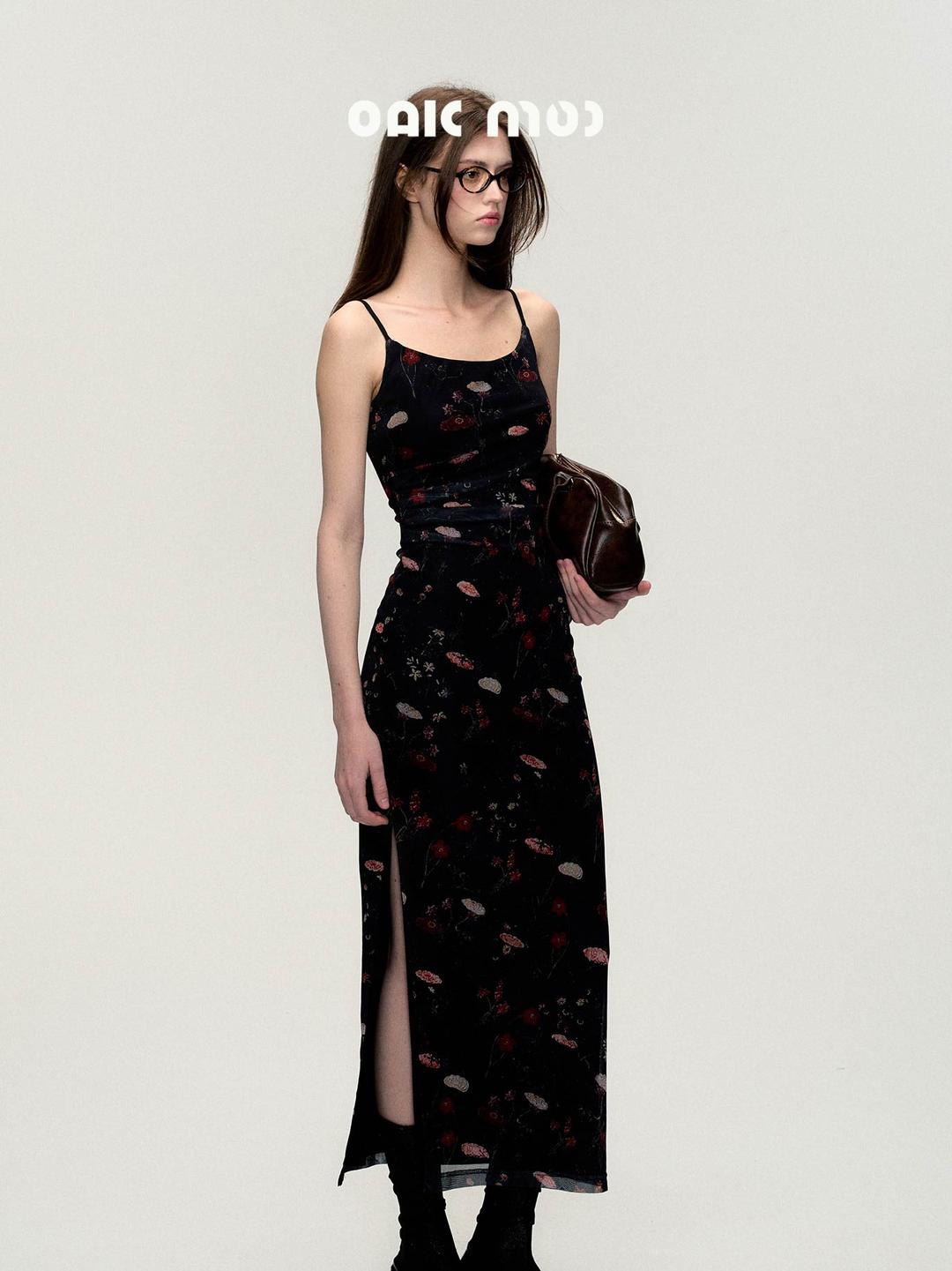 [OAK MOO] "Innocent Spring\" Oil Painting Black Print Dress (Short/Long)