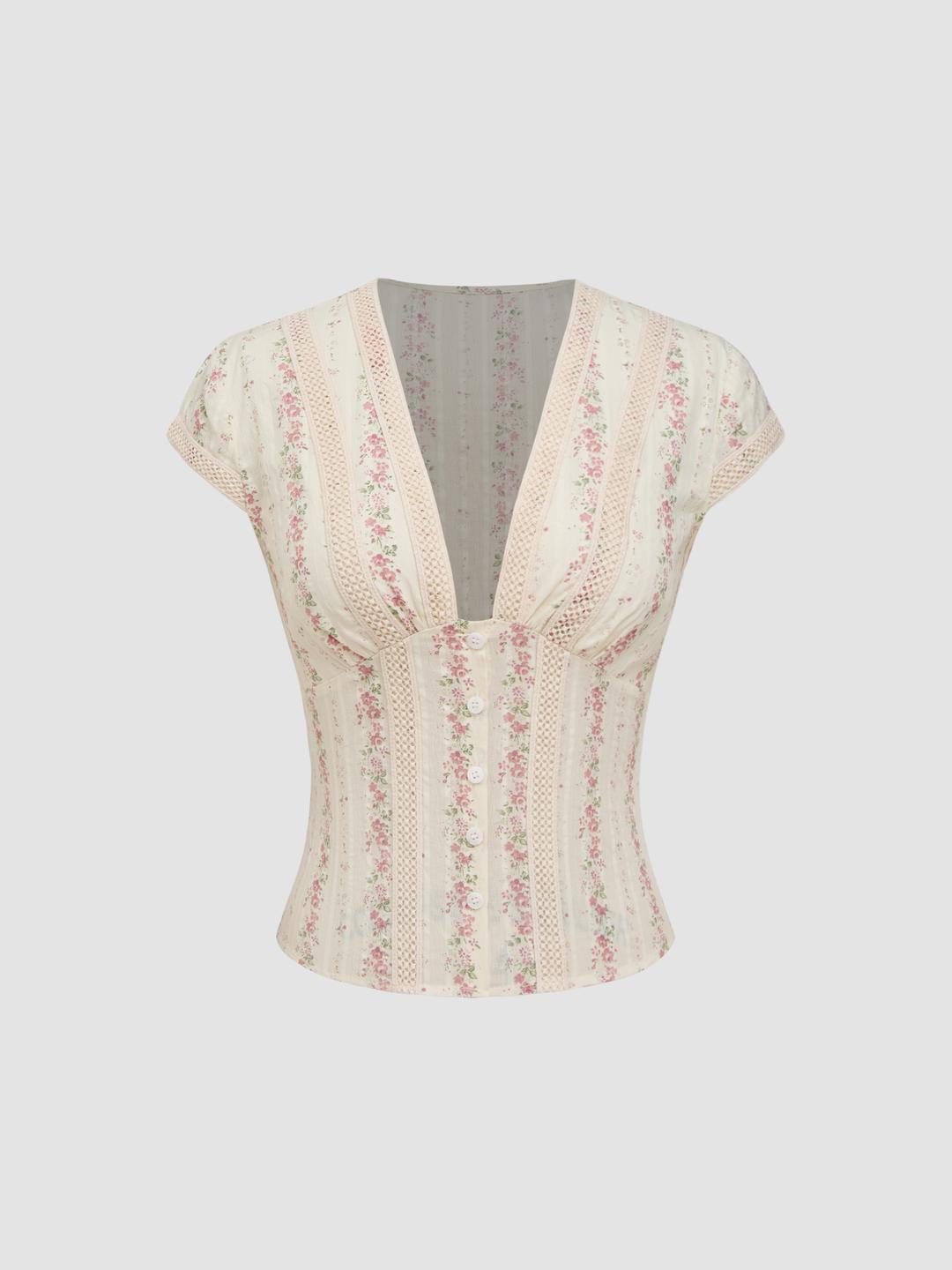 Cotton V-neck Floral Short Sleeve Blouse