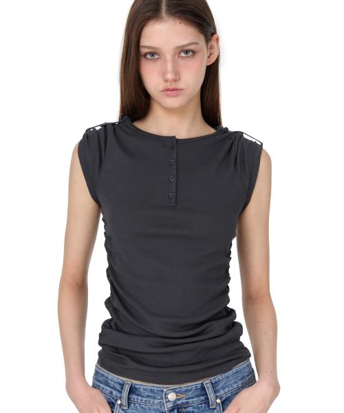 Henley Neck Shirring T-shirt, CHARCOAL