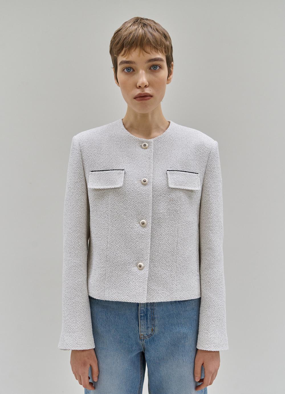 Collarless Round Jacket [White]