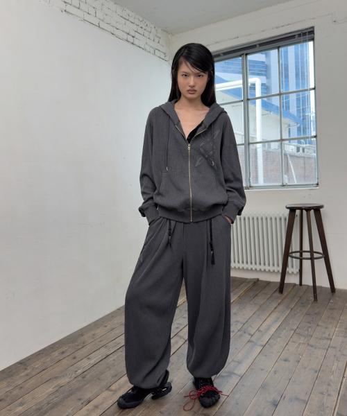 WAFFLE PIGMENT LOOSE HOOD ZIP-UP-CHARCOAL
