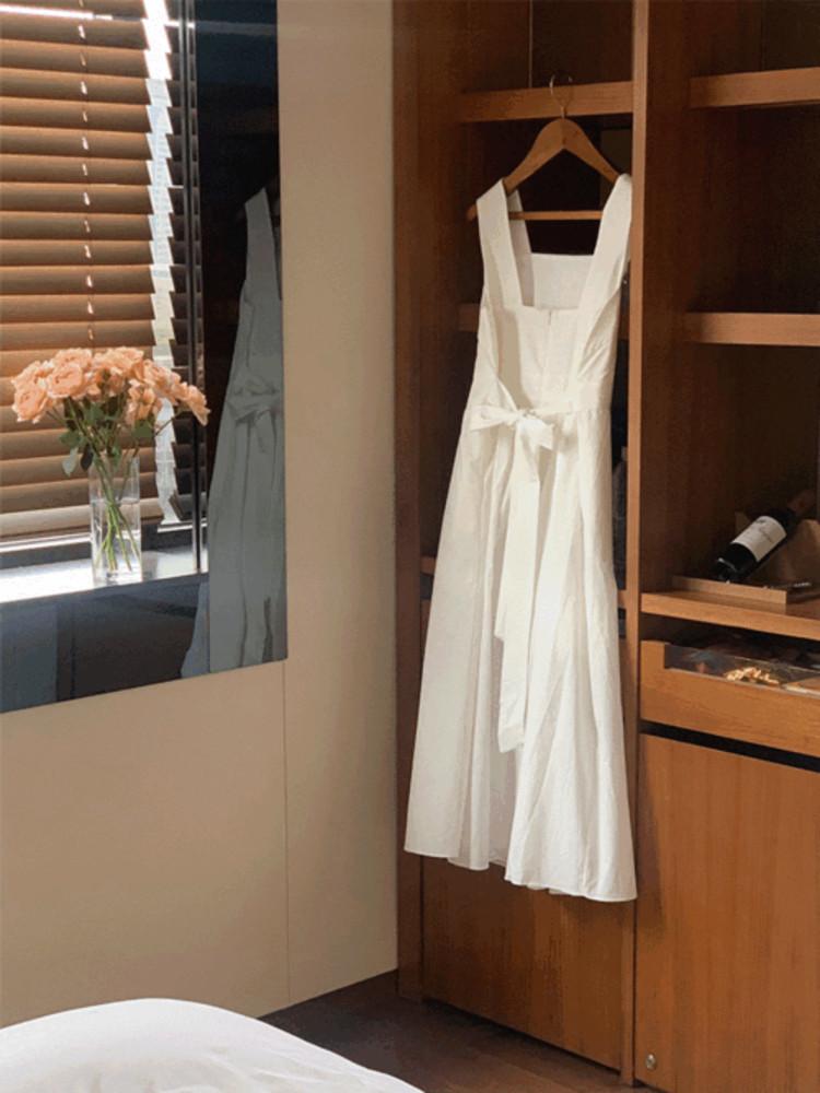 버드 스퀘어넥 허리끈 롱 원피스(3color)