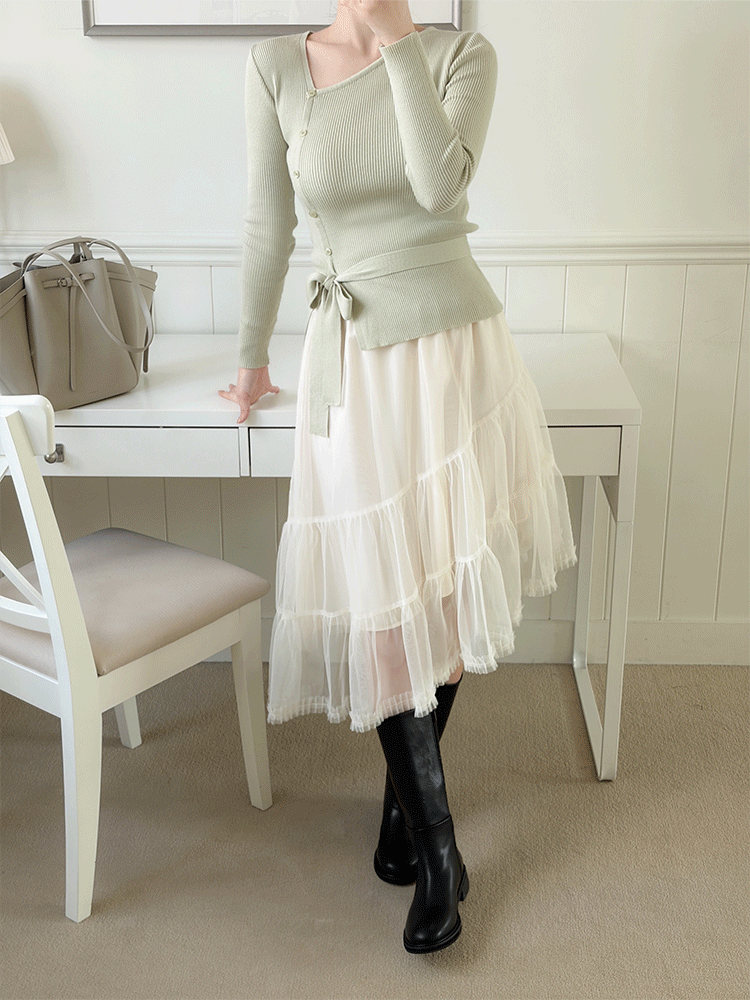 튜튜 언발 밴딩 미디 스커트