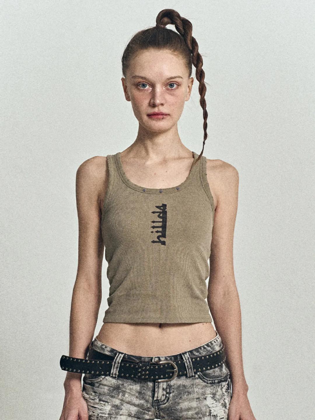 워시드 데미지드 슬리브리스 탑 [카키]