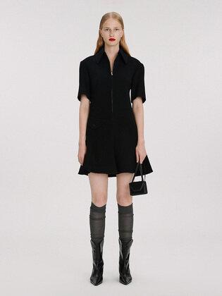 60S TWIGGY VERTICAL WOOL TWILL MINI DRESS (BLACK)