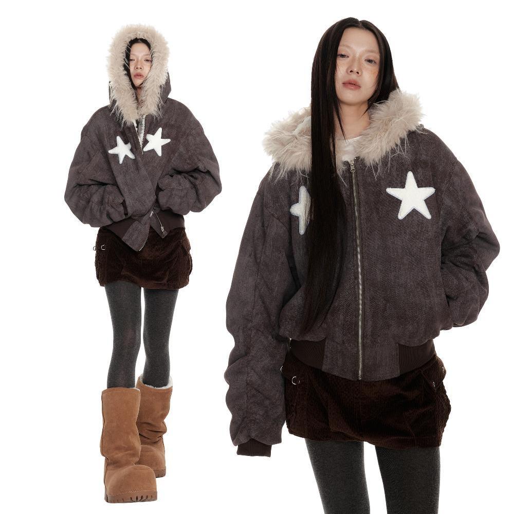 Jikoo  Textured distressed pleated patchwork fur hooded jacket