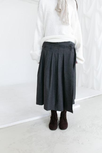 wool unbal button pleats skirt(2colors)