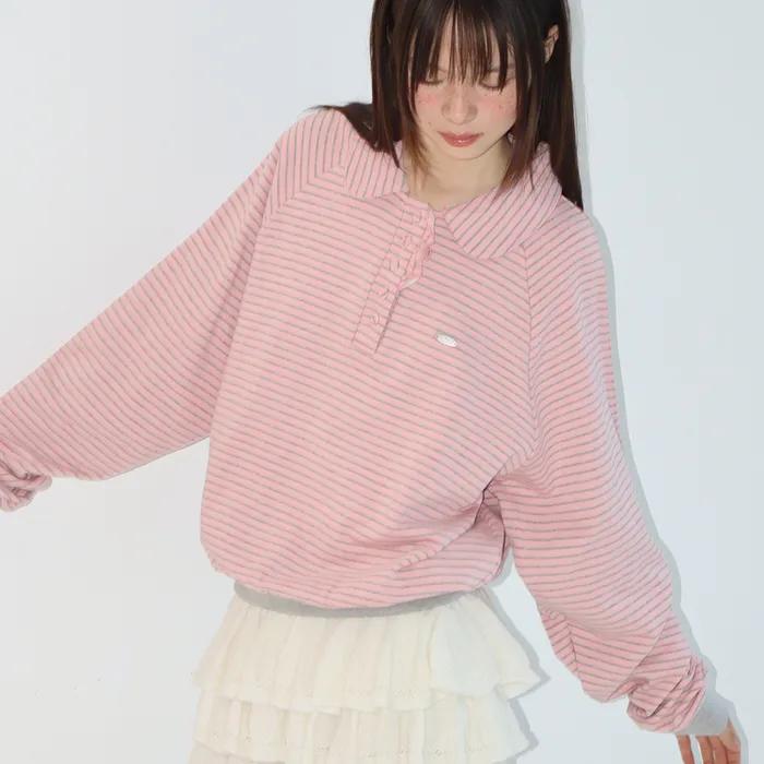 HENRYNECK FRILL POINT SWEATSHIRT PINK GREY STRIPE