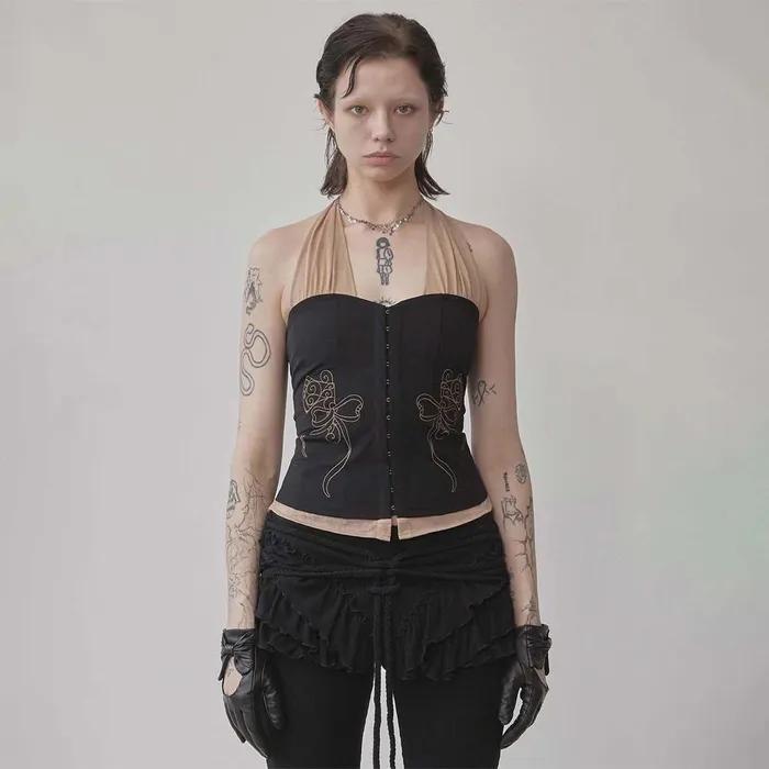 Farm Corset Halter Top Black/Skin