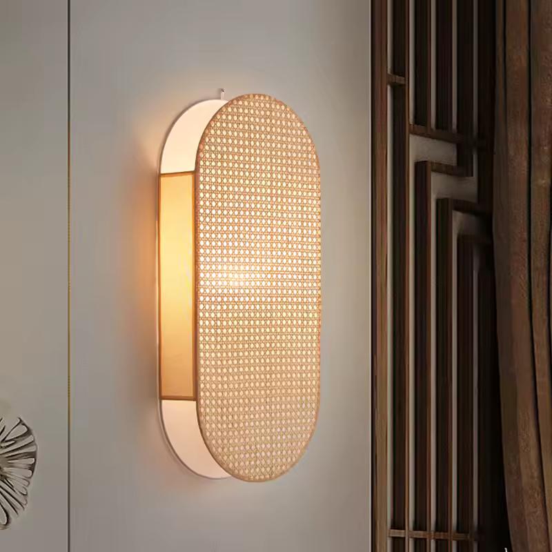 새로운 중국 스타일 등나무 벽 램프 빈티지 일본 Wabi Sabi 손으로 짠 벽 Sconces 침실 거실 계단 전등