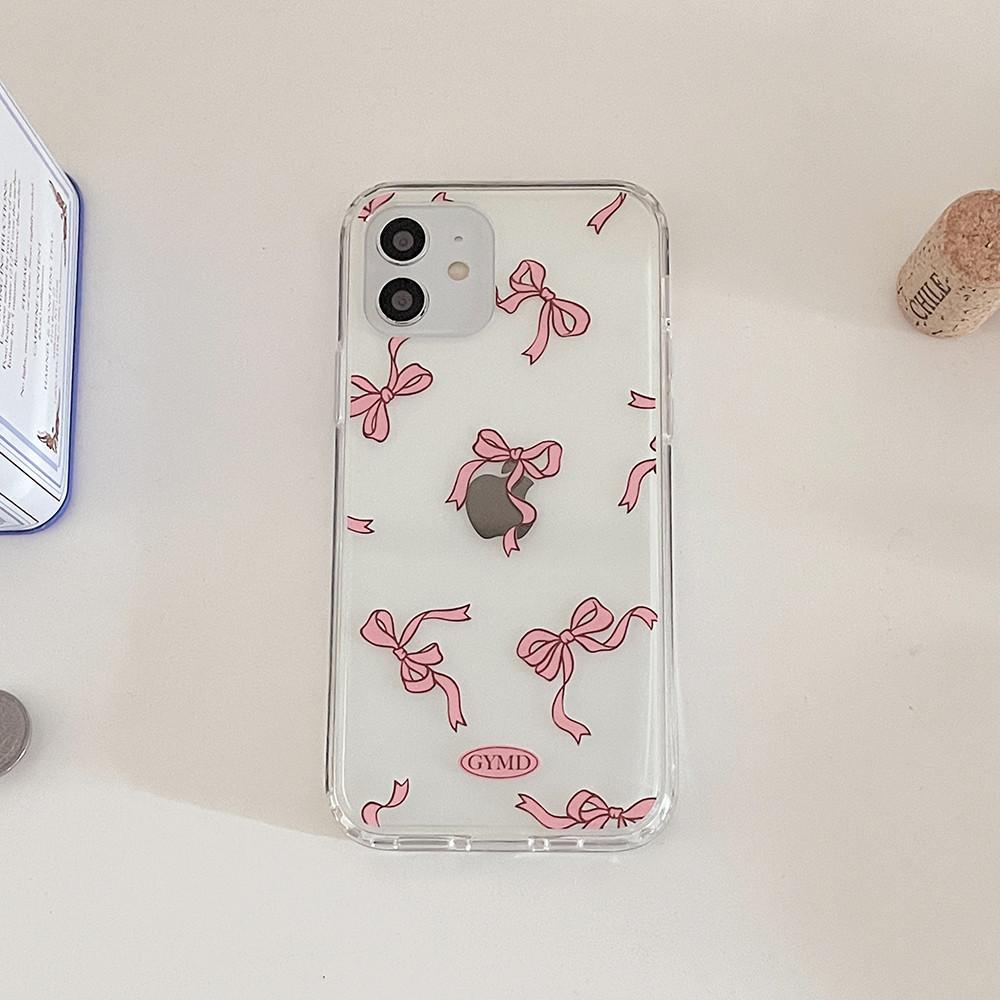 (맥세이프 젤하드 풀커버) Rina 케이스 핑크 리본 투명 젤리 아이폰15 갤럭시 플립5