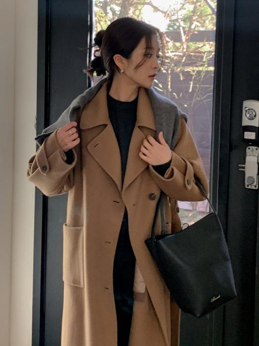 Cashmere Wool Blend Double Collar Long Coat Camel AT5COF063CM