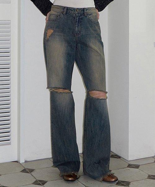 Washed ripped wide jeans. Dark Blue