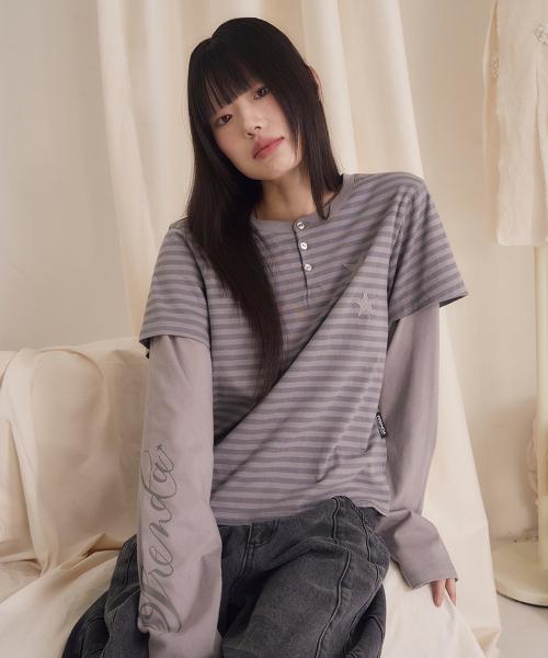 STRIPE LAYERED HENRY NECK  LONG SLEEVE GRAY