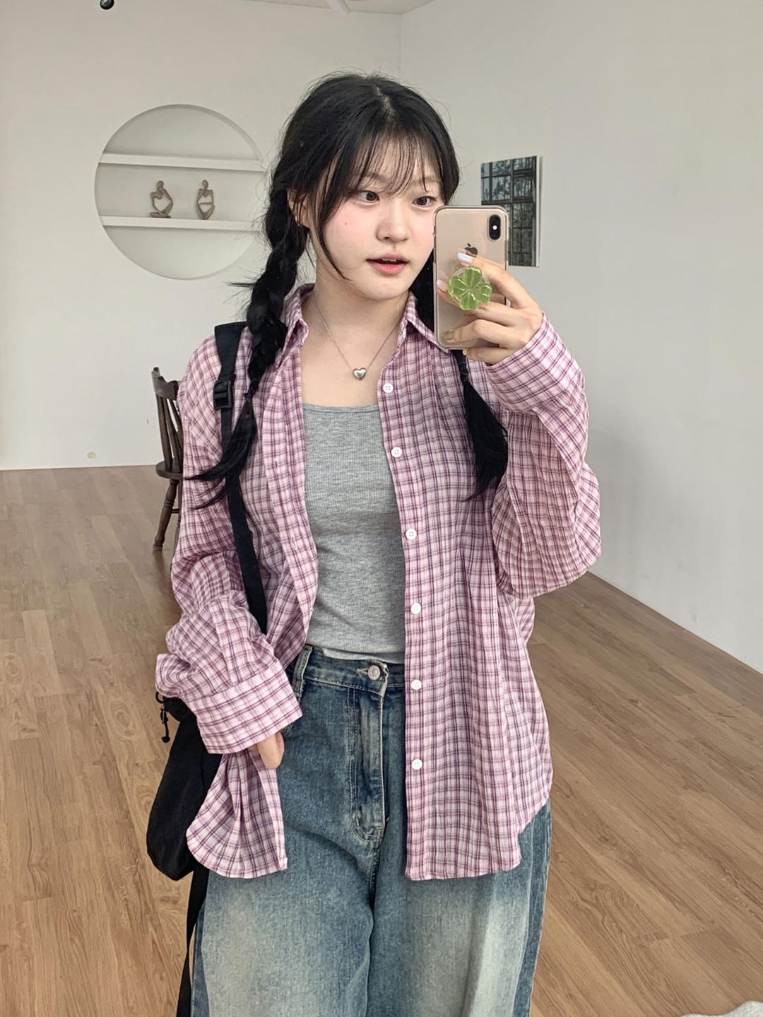 복자씨 라일락 시어서커 루즈핏 긴팔 체크 셔츠 (3 color)