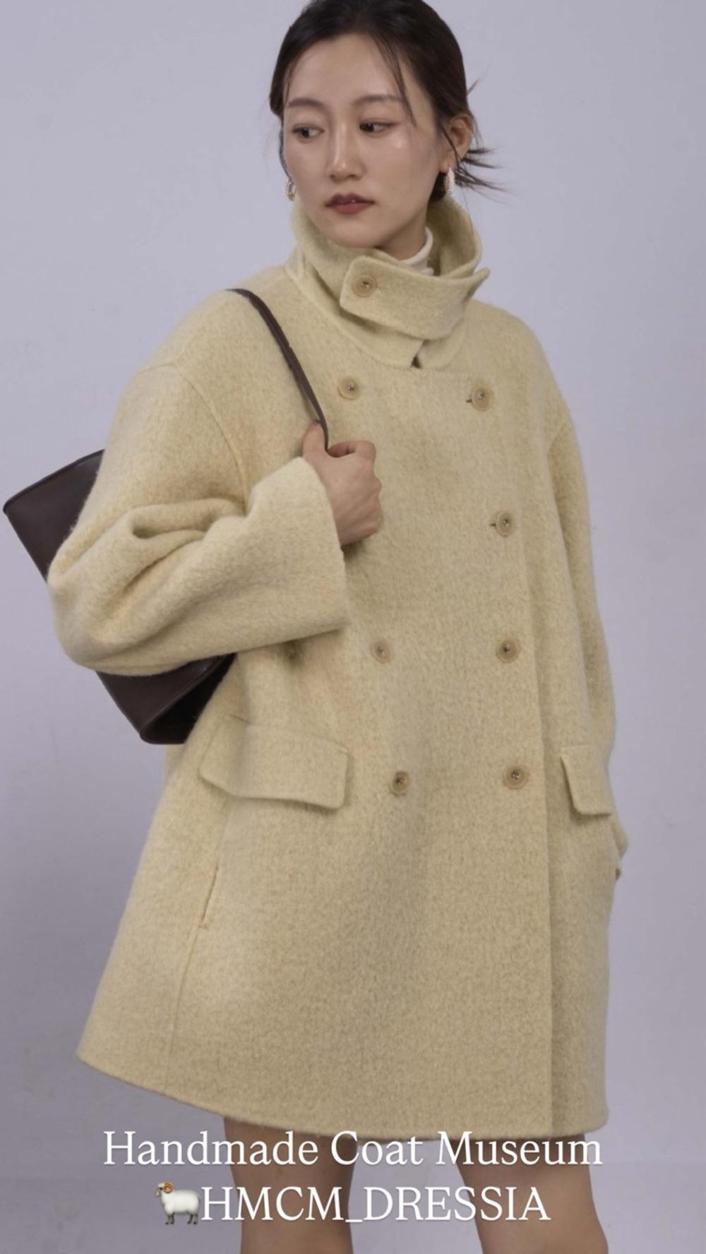 DRESSIA 프리미엄 알파카 울 레트로 더블 브레스트  하프 핸드메이드 코트
