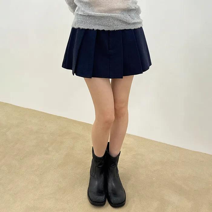 Low-Waist Pleated Mini Skirt (Navy)