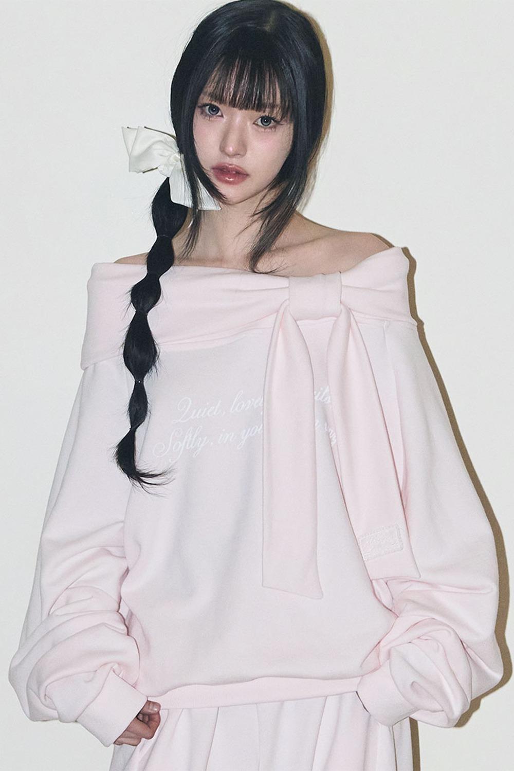 퓨어 보우 오프숄더 맨투맨 핑크