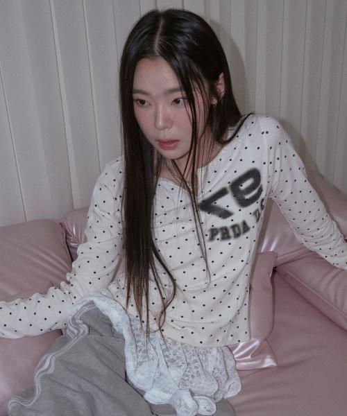 LACE NECK BUTTON DOT LONG SLEEVE IVORY