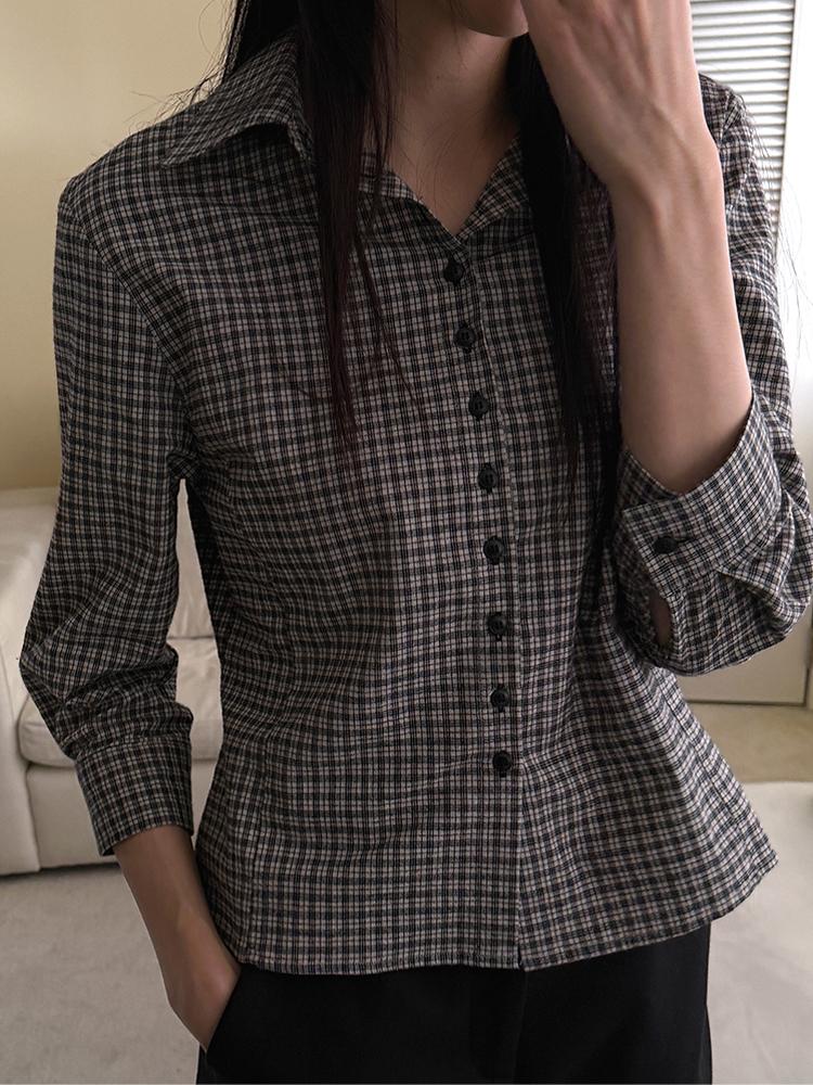 크렘므 미유 크롭 체크 셔츠