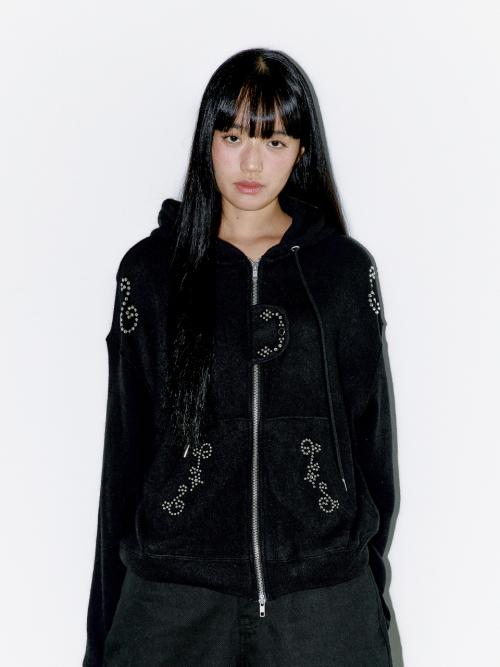 STUDDED TWO-WAY HOODIE ZIP UP BLACK