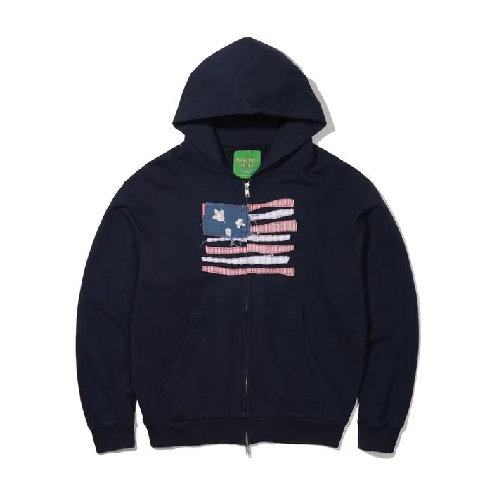 USA FLAG APPLIQUE ZIP HOODIE - NAVY