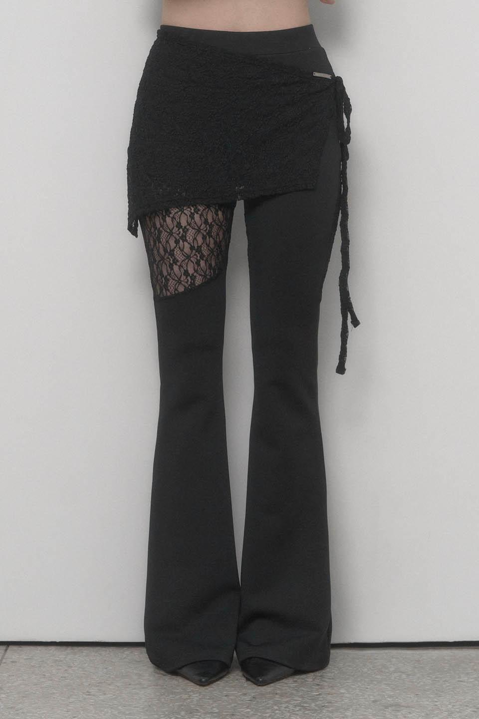 See Through Lace Lap Bootcut Pants (Black)