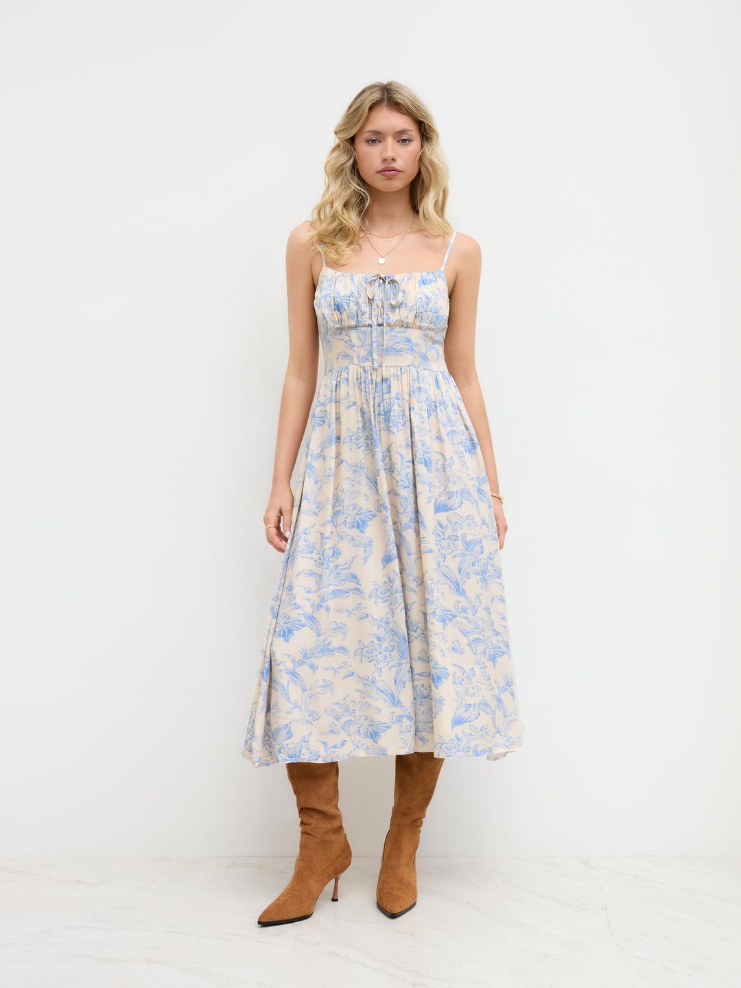 Cotton Square Neck Floral Ruched Knotted Midi Dress
