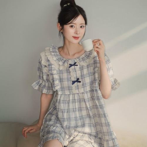 여성 애니체크 레이온코튼 라운드넥 반소매 투피스 잠옷