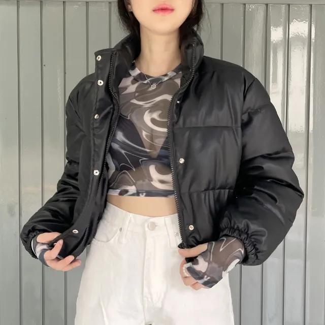 기간한정SALE 🔴빠른출고/자체제작/고퀄) 무광 은은한 레더 오버 숏 크롭 가죽 하이넥 패딩O-1000