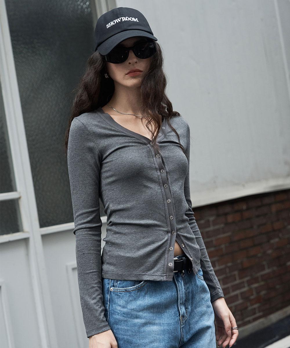 V-Neck Ribbed Button Cardigan Charcoal