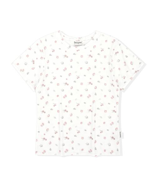 빈티지 스트로베리 풀프린트 슬림핏 반팔티 아이보리